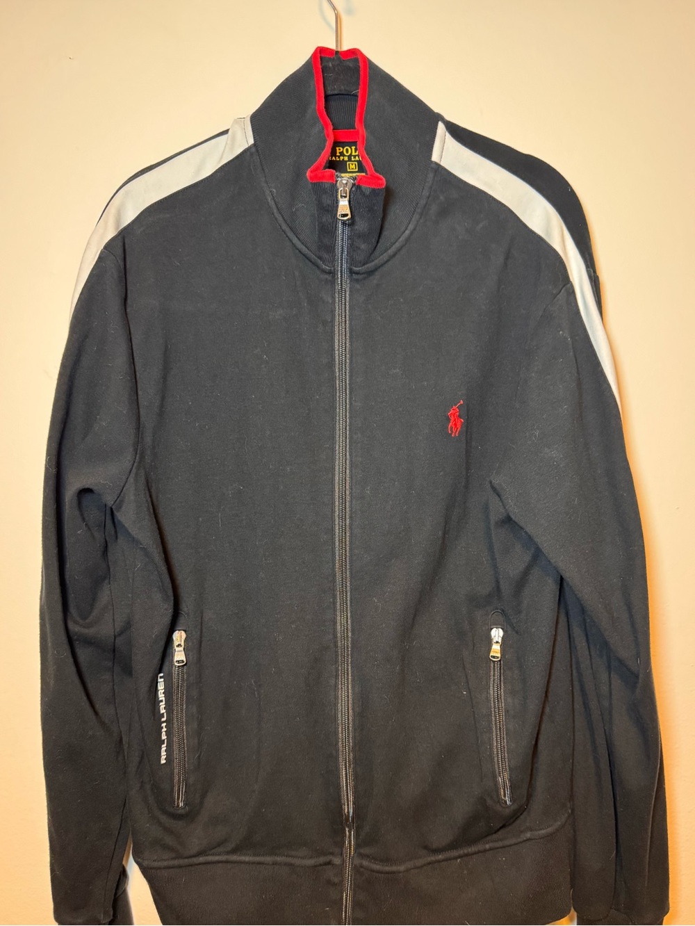 Polo by Ralph Lauren Black Track Jacket with White Shoulder Stripes and Red Pony